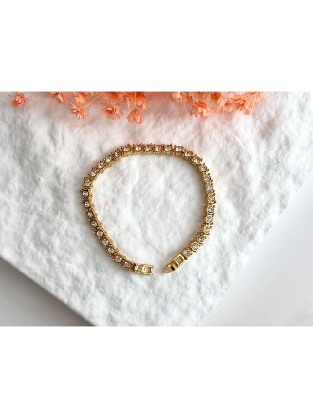 Chainlink Gold Toned Clear Rhinestoned Vintage Minimalist Tennis Bracelet - Picture 2 of 15